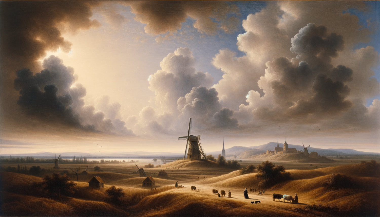 Paysage hollandais du XVIIe siècle avec composition horizontale typique, ciel immense occupant deux tiers de la toile, terrain plat