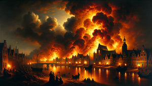 Peinture baroque du XVIIe siècle représentant un incendie nocturne spectaculaire avec contrastes dramatiques de lumière