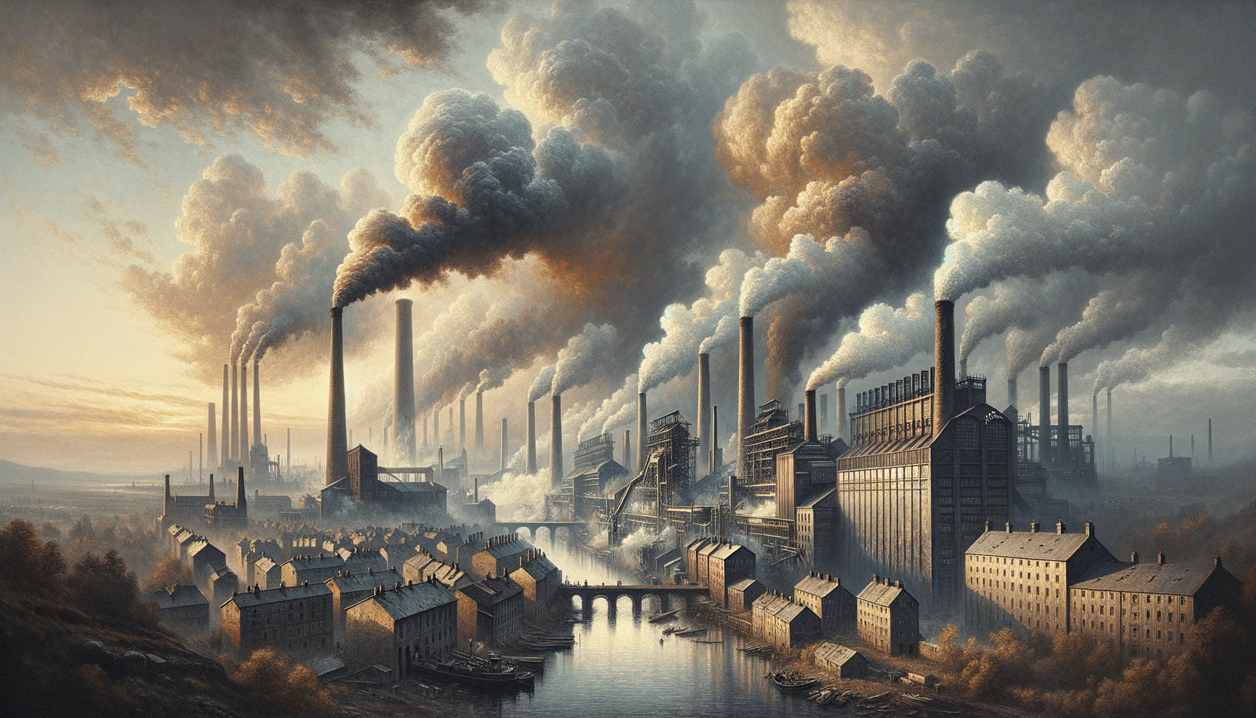 Paysage industriel peint style Turner et impressionniste, cheminées d'usines et fumées atmosphériques, fin 19ème siècle