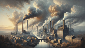 Paysage industriel peint style Turner et impressionniste, cheminées d'usines et fumées atmosphériques, fin 19ème siècle