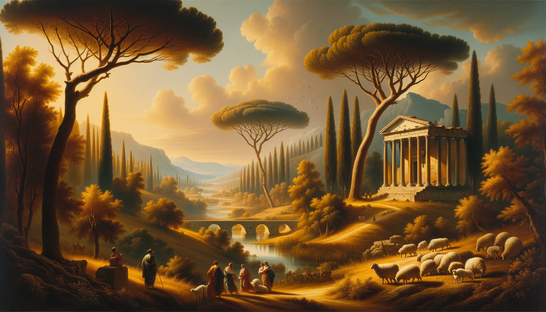 Paysage italianisant du XVIIe siècle transformant la campagne romaine en Arcadie idéale, lumière dorée, bergers et ruines antiques