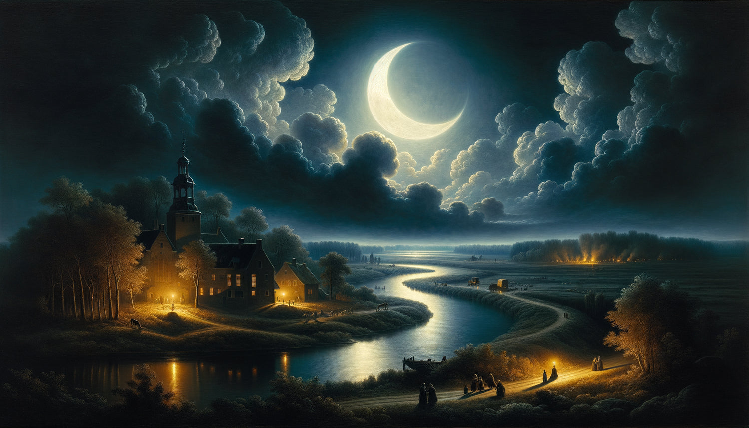 Paysage nocturne baroque du XVIIe siècle, scène rurale éclairée par la lune, technique du clair-obscur