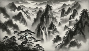 Peinture de paysage montagneux dynastie Song, encre monochrome sur soie, montagnes brumeuses style shanshui, atmosphère méditative