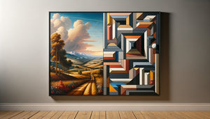 Comparaison visuelle entre paysage en perspective Renaissance et composition abstraite plate géométrique sur mur