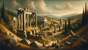 Paysage Renaissance italienne avec ruines antiques romaines, colonnes et arcs brisés, technique sfumato, atmosphère mélancolique humaniste