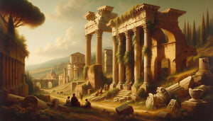 Paysage du XVIIIe siècle avec ruines romaines antiques, style Grand Tour, colonnes et fragments architecturaux classiques
