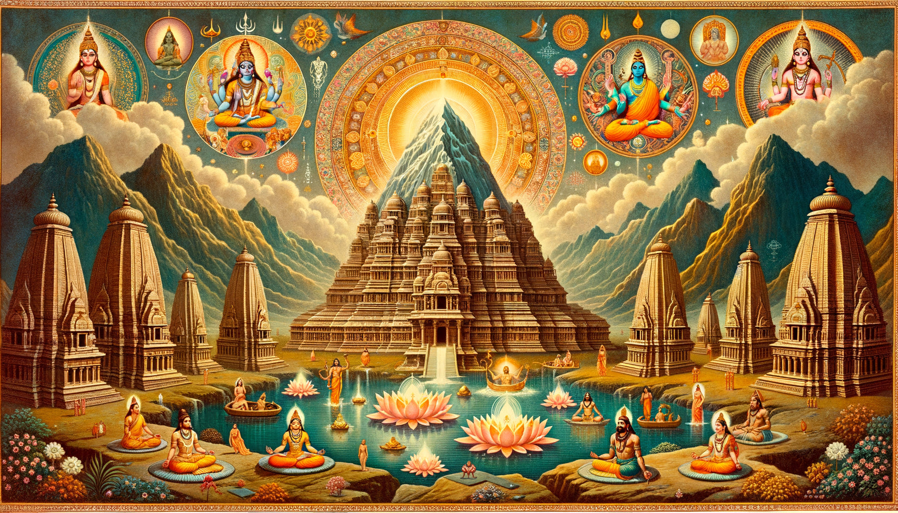 Paysage sacré hindou traditionnel style miniature indienne, Mont Meru cosmique, Gange sacré, temples et yogis méditants
