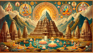 Paysage sacré hindou traditionnel style miniature indienne, Mont Meru cosmique, Gange sacré, temples et yogis méditants