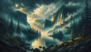 Peinture romantique scandinave du 19ème siècle représentant un fjord norvégien brumeux entouré de forêts et montagnes