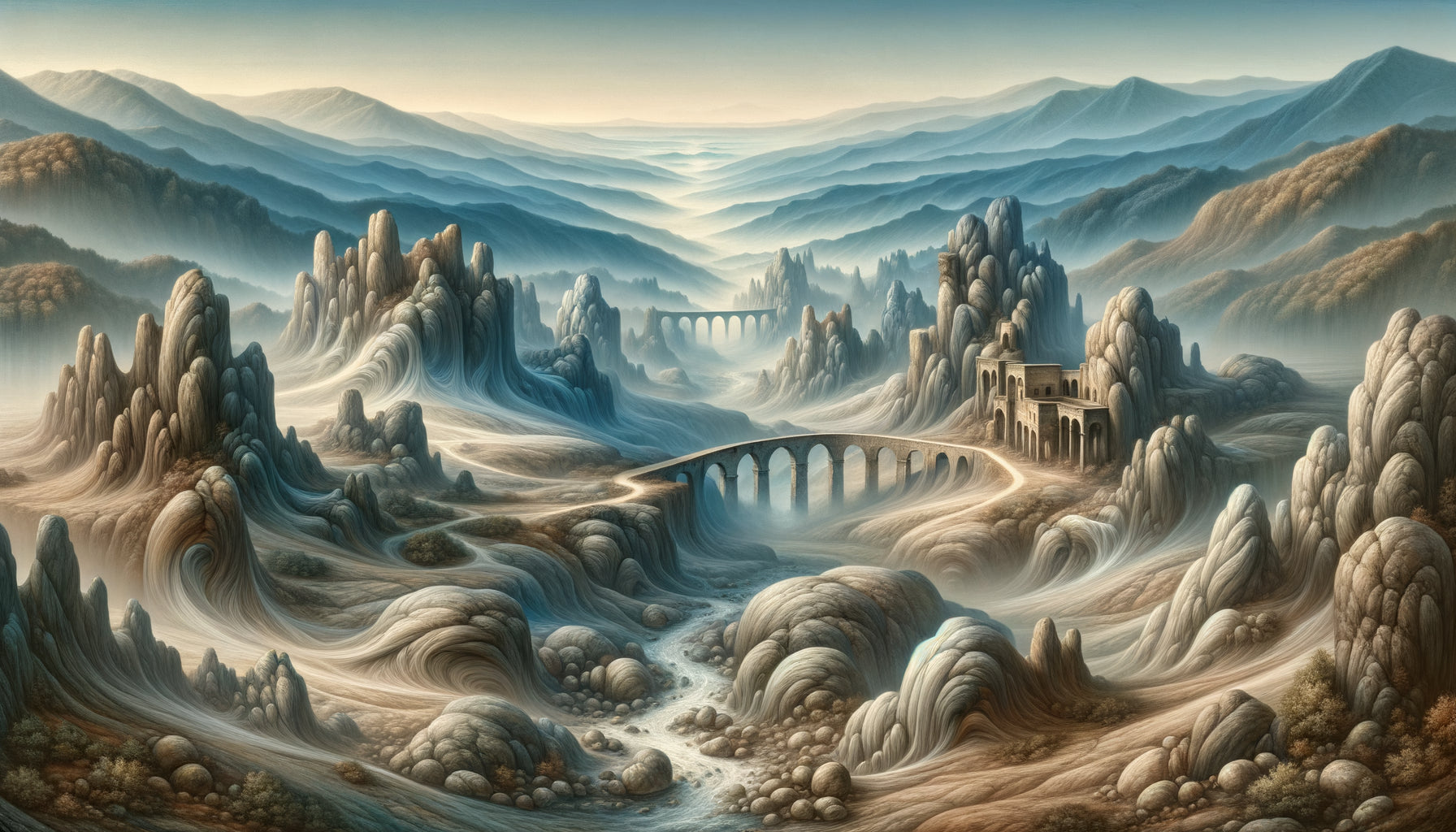 Paysage toscan Renaissance dans le style sfumato de Léonard de Vinci avec pont de Buriano et roches bleutées brumeuses