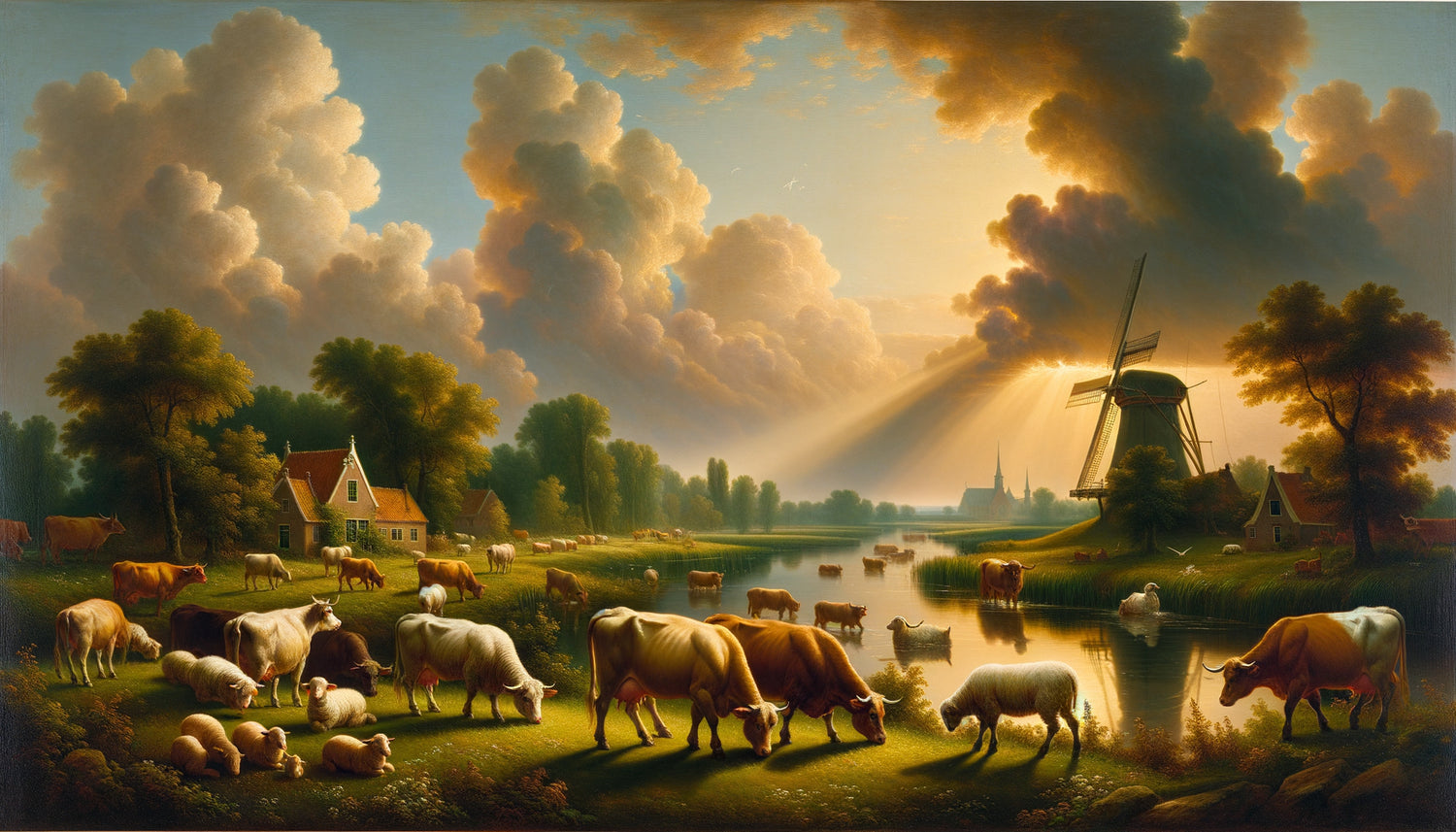 Peinture pastorale du Siècle d'Or hollandais avec troupeaux de vaches et moutons, style XVIIe siècle réaliste flamand