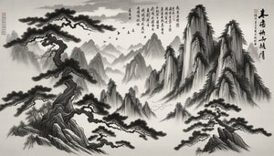 Paysage chinois dynastie Yuan en encre, traits calligraphiques cursifs dynamisant montagnes et arbres, fusion écriture-nature