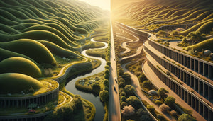 Paysage comparatif montrant courbes naturelles organiques versus lignes droites géométriques artificielles, illustration scientifique