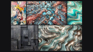 Mosaico de cinco cuadros, entre ellos Explosión de colores, Redes de Resplandor y Olas Cristalinas