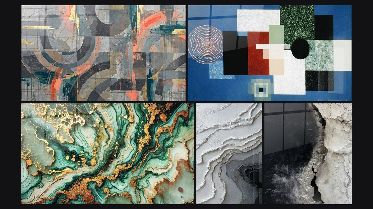 Mozaïek van vijf schilderijen, waaronder Mystieke Marmeringen en Geometrische Compositie Rationele Orde