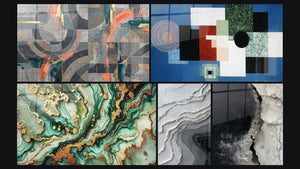 Mosaico de cinco cuadros, entre ellos Círculos grises y coral entrelazados y Mármol Misterioso