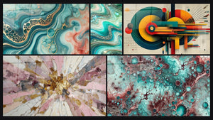 Mosaico de cinco cuadros, entre ellos Marea de Acuarela, Olas Cristalinas y Geométrico Energía Céntrica