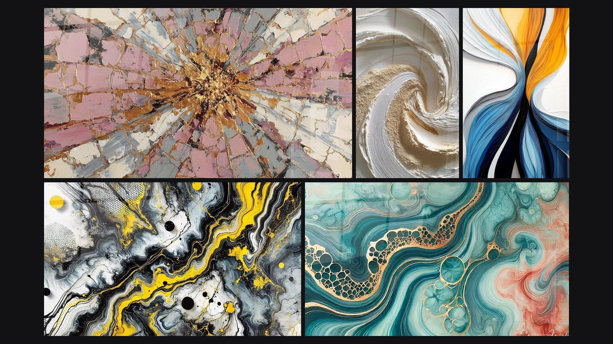 Mozaïek van vijf schilderijen, waaronder Zwart Impact, Aquarelgetijtafel en Spiraal goud-wit reliëf textuur