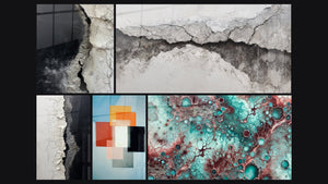 Mosaico de cinco cuadros, entre ellos Textura Agrietada Blanco y Negro y Formas Geométricas Contraste Funcional