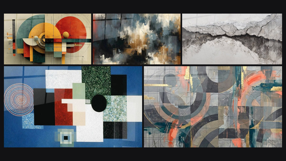 Mosaico di cinque quadri, tra cui Geometrico Rivoluzione Circolare e Caos Organizzato
