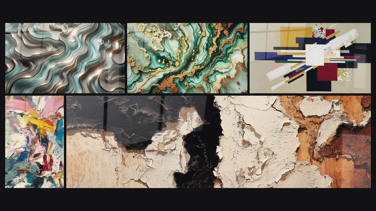 Mosaico de cinco cuadros, entre ellos Curvas Etéreas, Explosión de colores y Mármol Misterioso