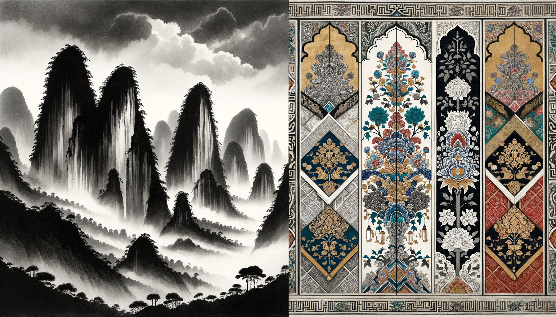 Comparaison visuelle entre paysage karstique chinois encre Song et miniature persane safavide aux motifs floraux
