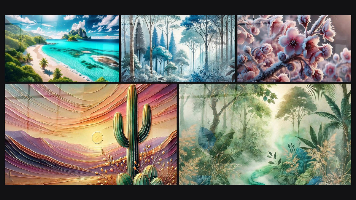 Mosaic of five paintings, including Serenity of Crystal Waters Landscape, Silent Forest and Desert Twilight