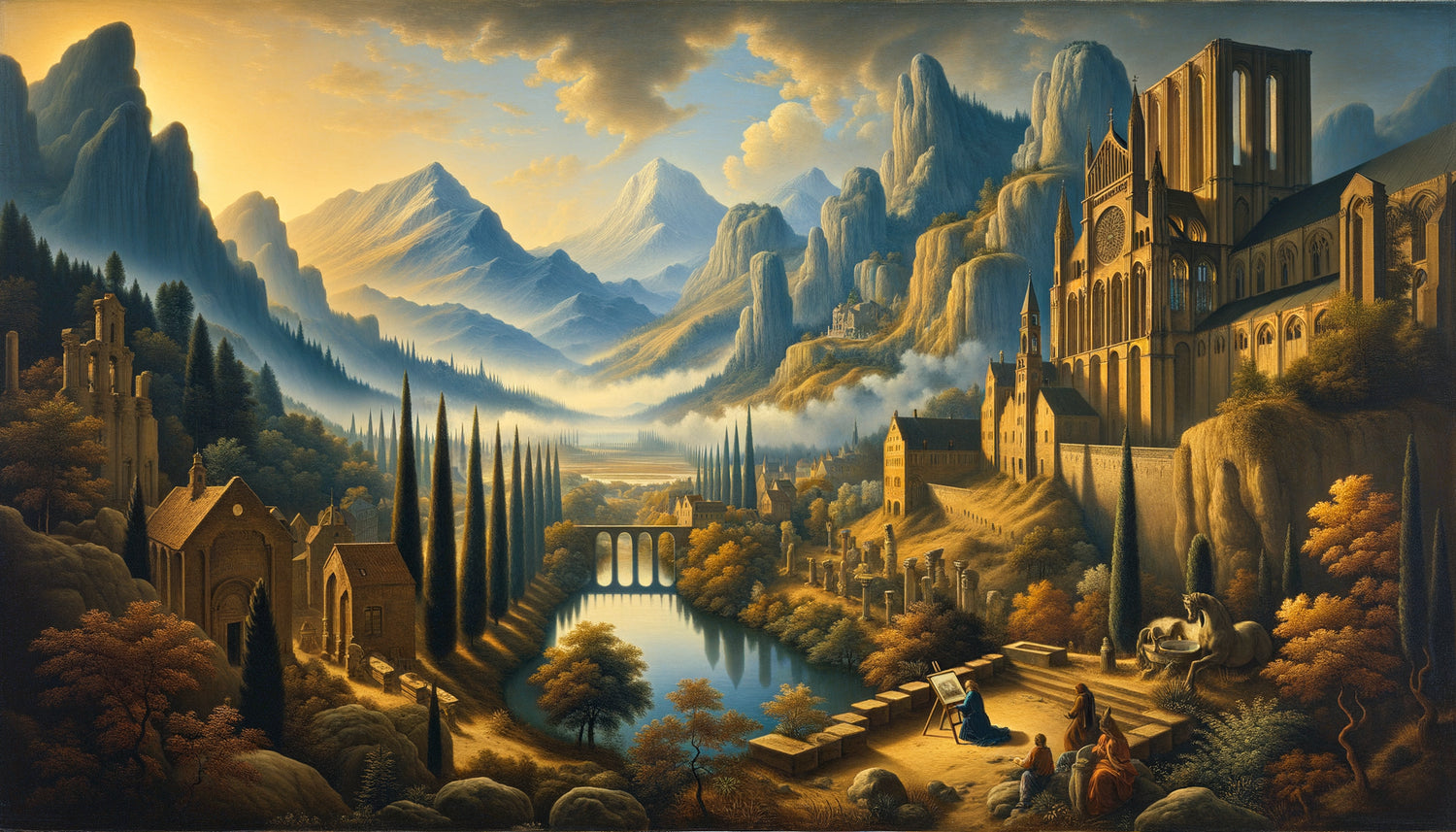 Paysage Renaissance fusion Nord-Italie, ruines classiques et ville gothique, perspective atmosphérique, style flamand 16e siècle