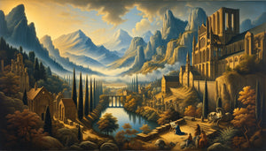 Paysage Renaissance fusion Nord-Italie, ruines classiques et ville gothique, perspective atmosphérique, style flamand 16e siècle