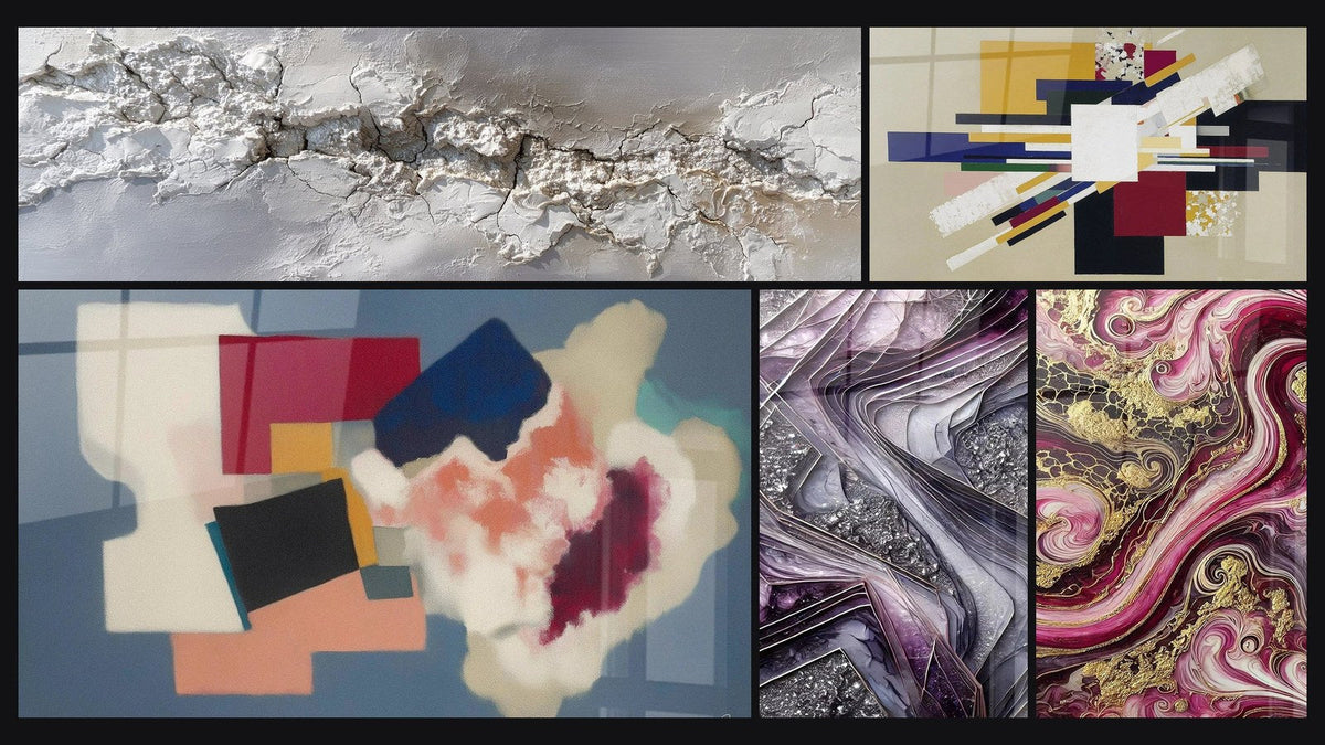 Mosaic of five paintings, including Geometric Forms Square Poetry, Quartz Blades and Purple Flames
