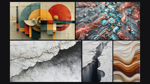 Mosaico de cinco cuadros, entre ellos Geométrico Revolución Circular y Textura Mural Agrietada Blanco y Gris
