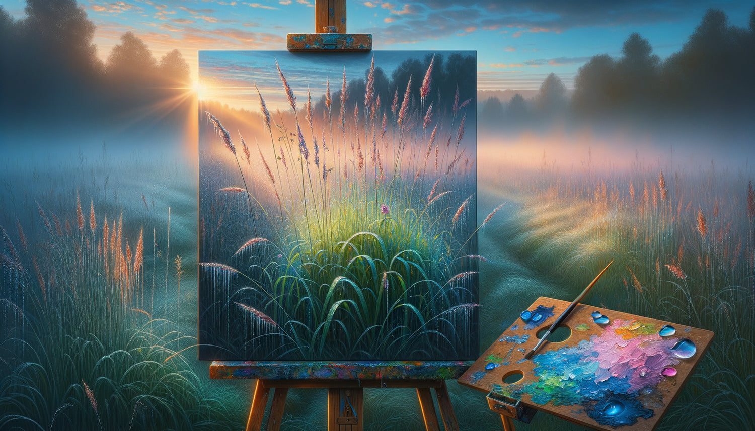 Scène de peinture en plein air à l'aube, toile capturant la rosée matinale avec lumière froide et atmosphère brumeuse