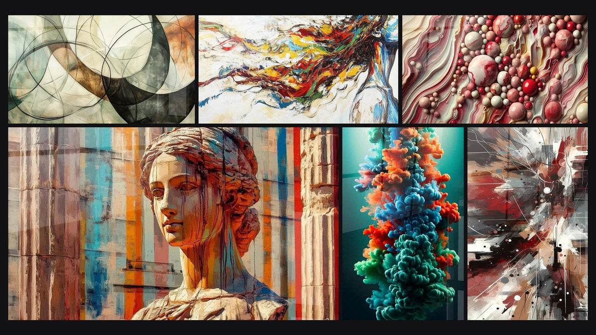 Mosaïque de six tableaux, dont Les Liens Invisibles, Muse Moderne et Univers de Perles