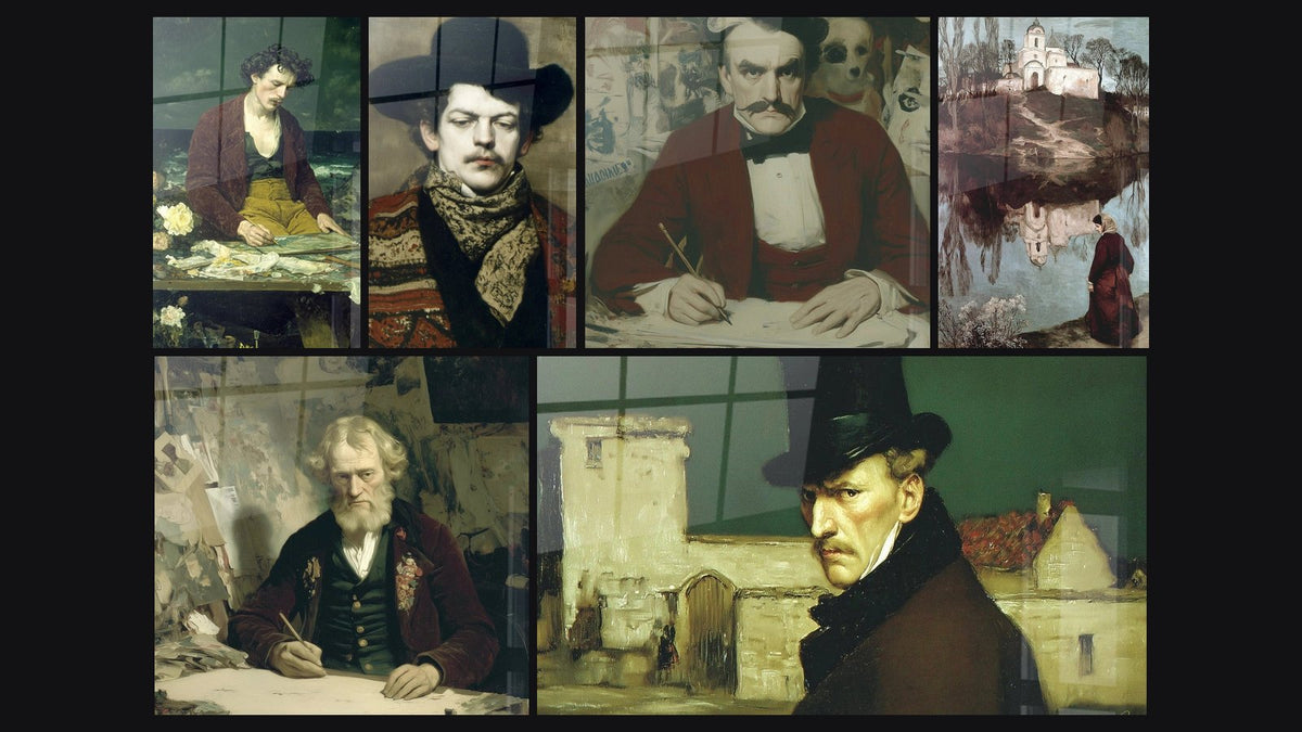 Mosaico de seis cuadros, entre ellos Pintor Visión Interior, Retrato Burguesía romántica y Artista Pluma Inspirada