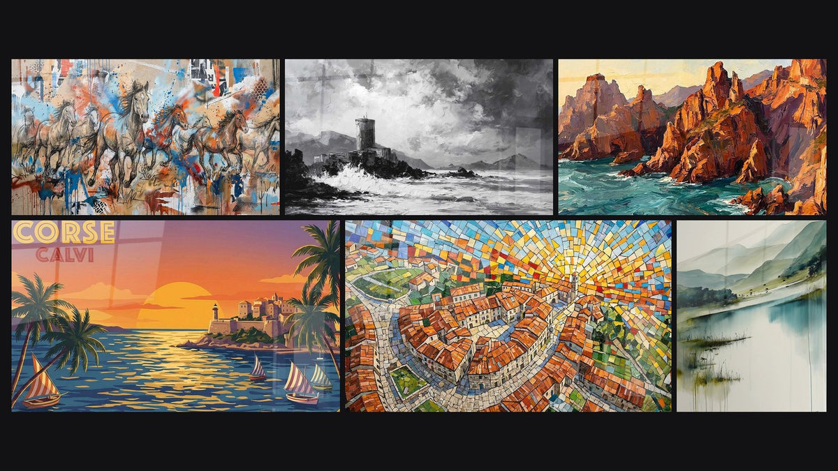 Mosaik aus sechs Gemälden, darunter Wilde Pferde, Genuesischer Turm Maritim und Korsisches Dorf Mosaik