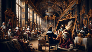 Peintre de cour baroque du 17ème siècle travaillant sur portrait royal dans atelier palatial somptueux