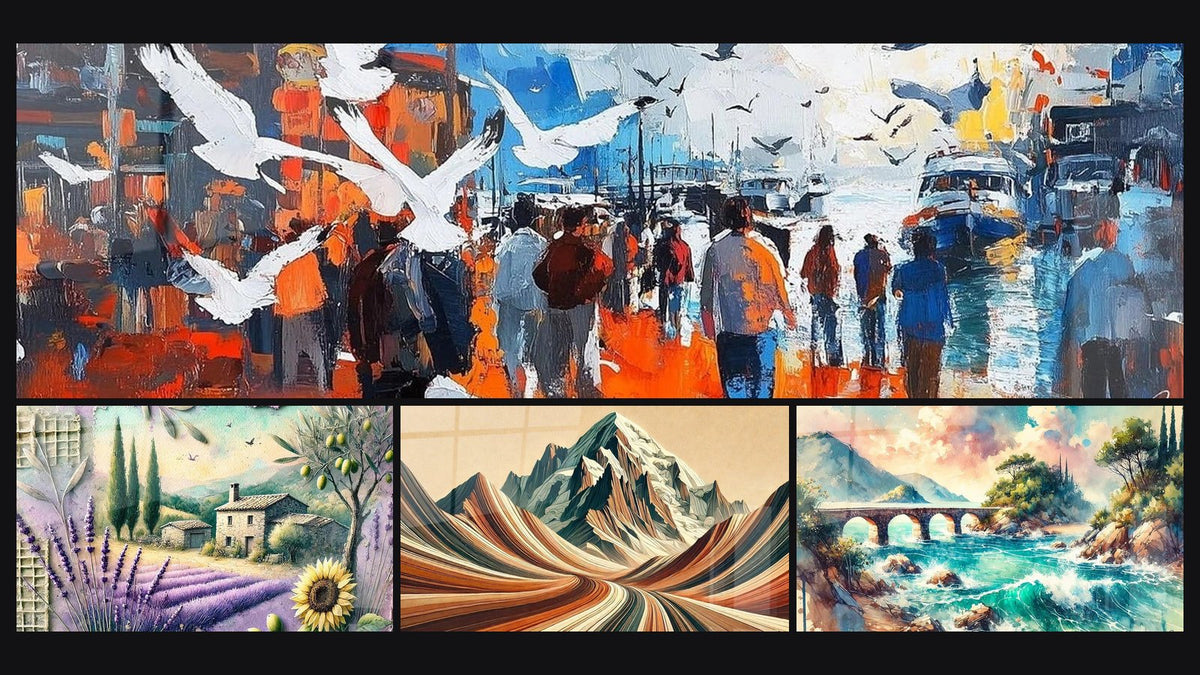 Mosaico de cuatro cuadros, entre ellos Puerto vuelo de mensajeros, Provenza N°2 y Francia N°3