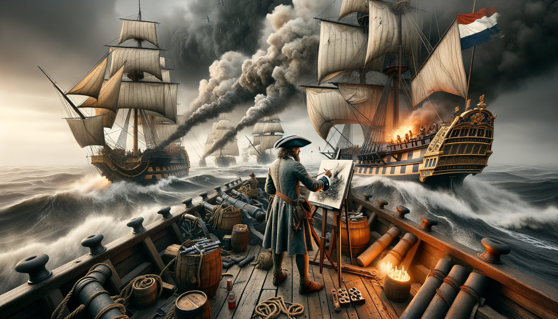 Peintre de marine hollandais du XVIIe siècle documentant une bataille navale depuis le pont d'un navire de guerre