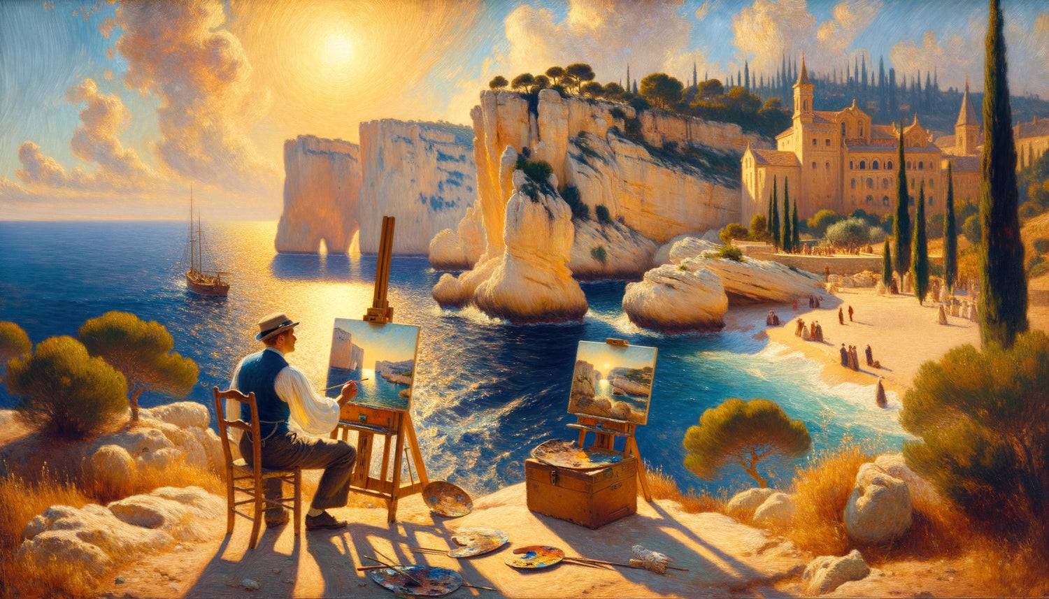 Peintre nordique du 19ème siècle face au paysage méditerranéen lumineux, chevalet en plein air, lumière intense et couleurs saturées