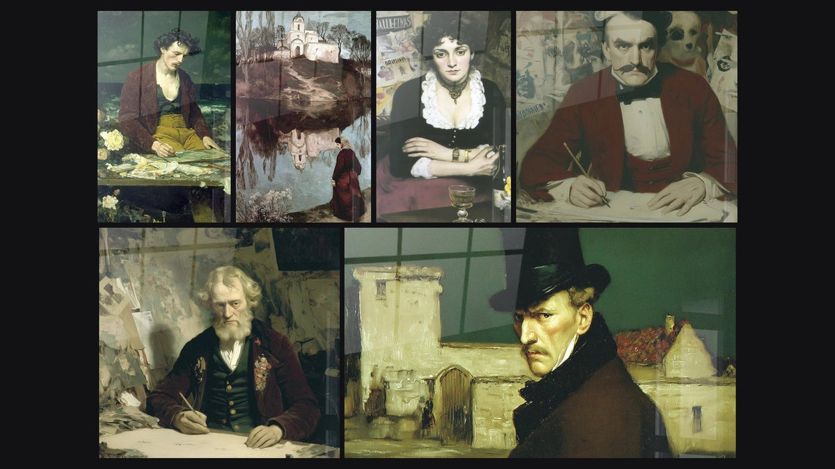 Mosaïque de six tableaux, dont Peintre Vision Intérieure, Église Mysticisme Riverain et Portrait dentelle blanche