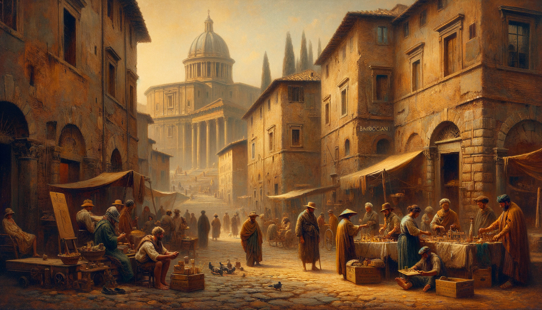 Peinture bamboccianti du 17ème siècle montrant scène populaire romaine avec mendiants et ruines antiques, composition stratifiée caractéristique