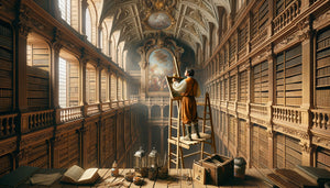 Peintre du 18ème siècle travaillant sur échafaudage dans bibliothèque baroque à double hauteur, illustrant défis de proportion