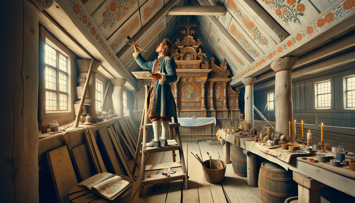 Peintre itinérant scandinave du 18ème siècle décorant l'intérieur d'une église en bois avec motifs floraux traditionnels rosemaling