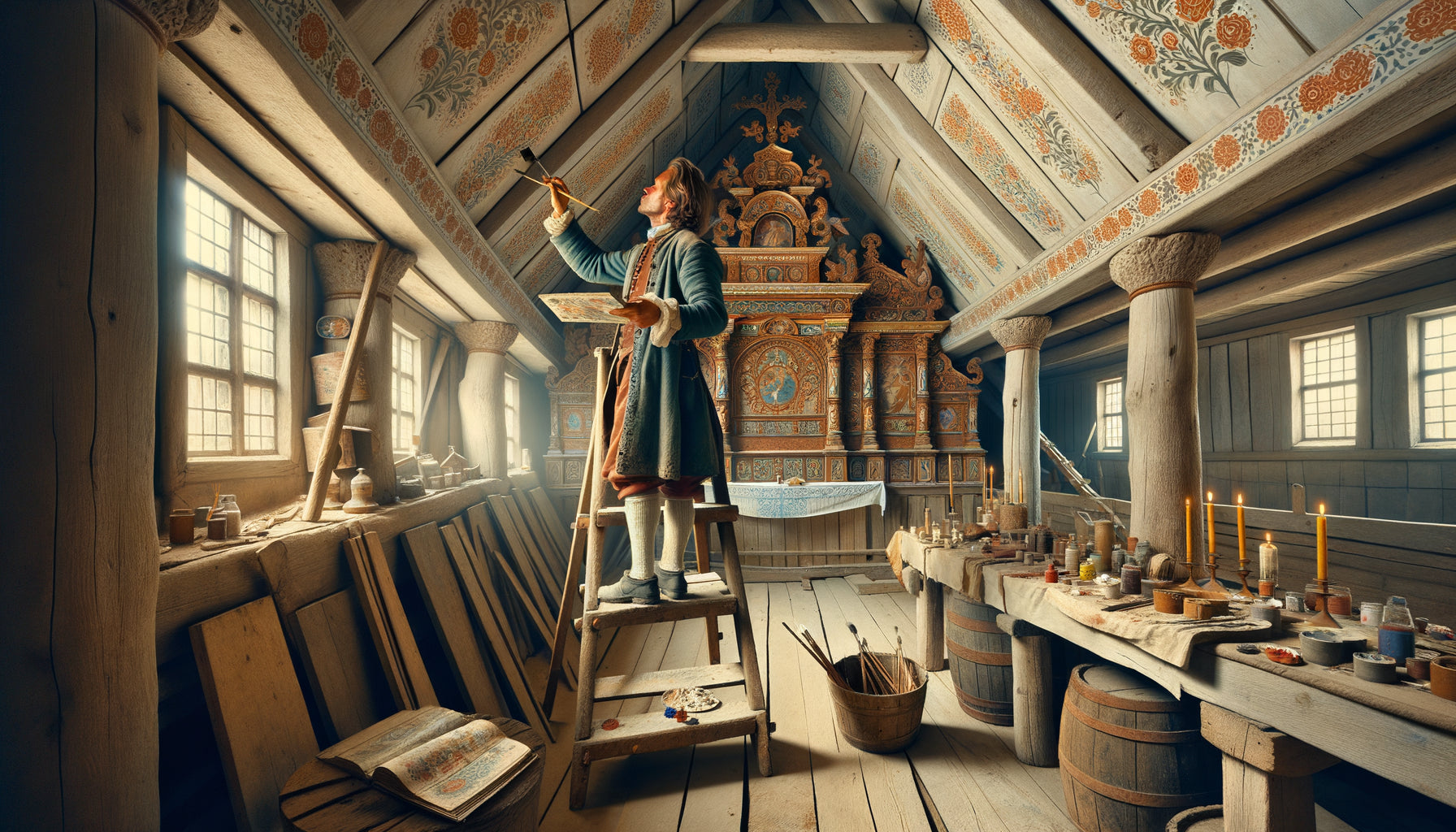 Peintre itinérant scandinave du 18ème siècle décorant l'intérieur d'une église en bois avec motifs floraux traditionnels rosemaling