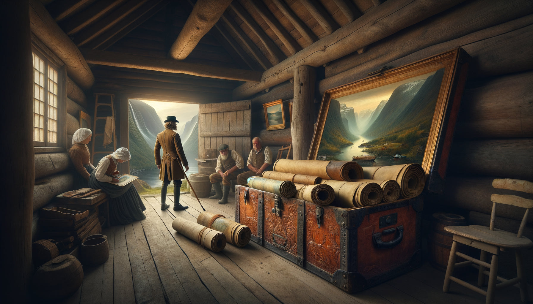 Peintre itinérant scandinave du XIXe siècle présentant ses toiles de fjords depuis sa malle dans une ferme isolée