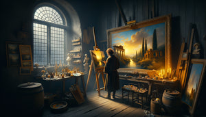 Atelier de peintre nordique du 17ème siècle créant un paysage italien idéalisé et lumineux depuis son environnement brumeux