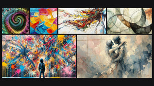 Mozaïek van zes schilderijen, waaronder Meerkleurig spiraalvormig fractaal, Abstract compositie en Moderne Muurschildering