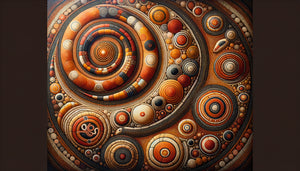 Peinture aborigène australienne traditionnelle avec motifs pointillistes concentriques et symboles du Dreamtime en tons ocre