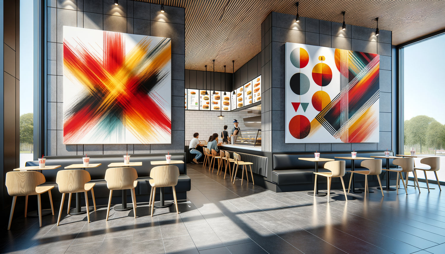 Intérieur de restaurant rapide moderne avec peinture abstraite gestuelle dynamique d'un côté et œuvre géométrique structurée de l'autre