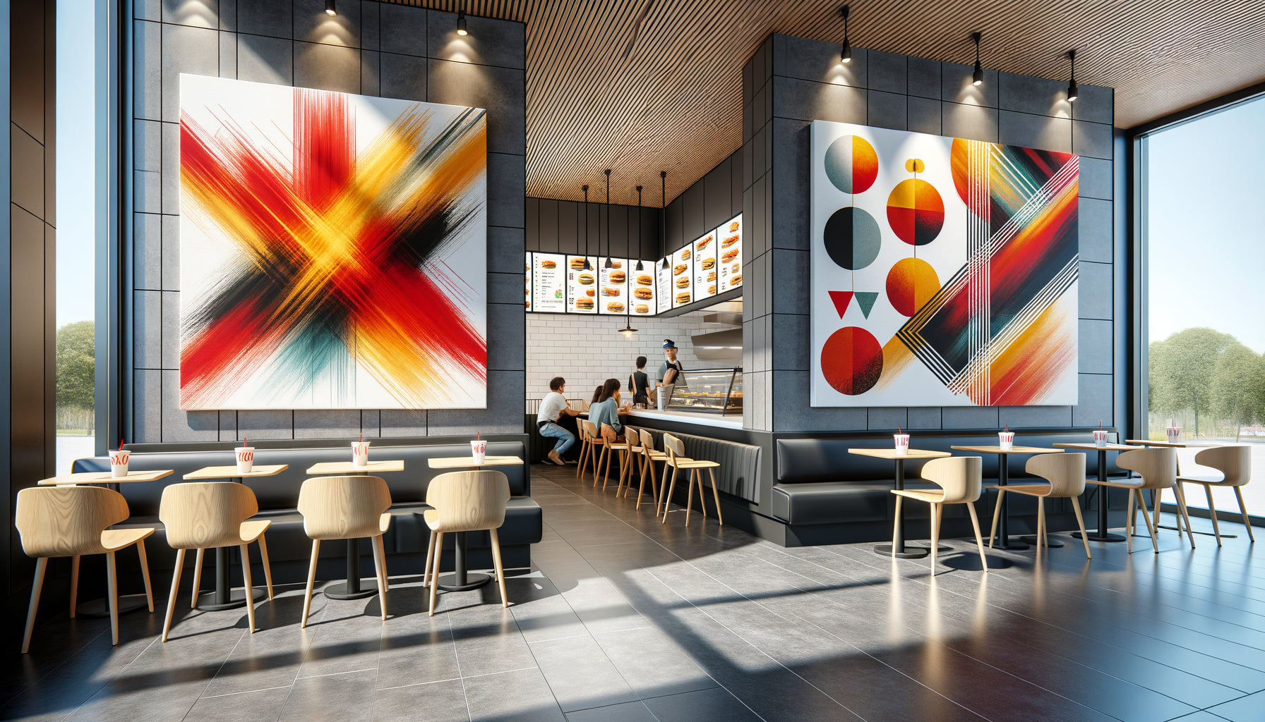 Intérieur de restaurant rapide moderne avec peinture abstraite gestuelle dynamique d'un côté et œuvre géométrique structurée de l'autre